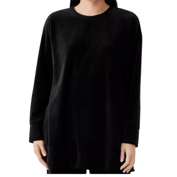 Eileen Fisher SZ L Black Velvet Velour Crew Neck Boxy Tunic Organic Cotton Blend - Picture 1 of 12